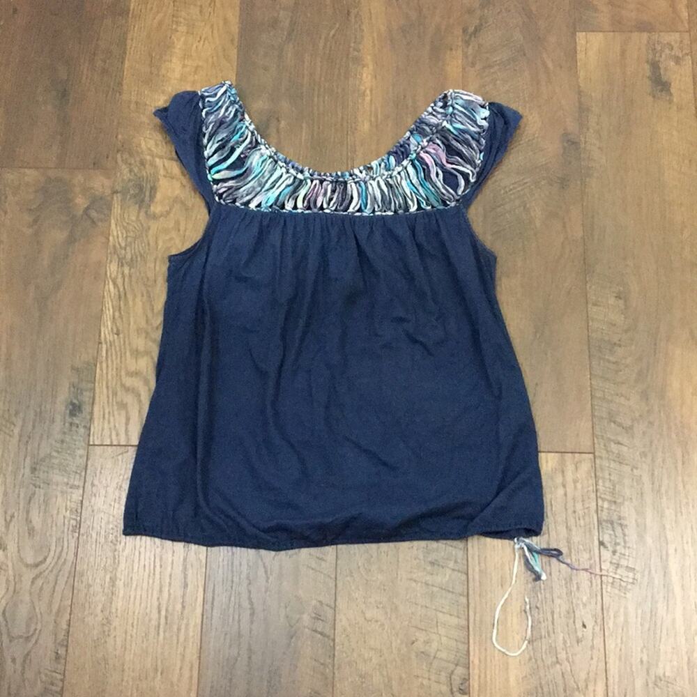 Lucky Brand navy blue loop tie neckline blouse